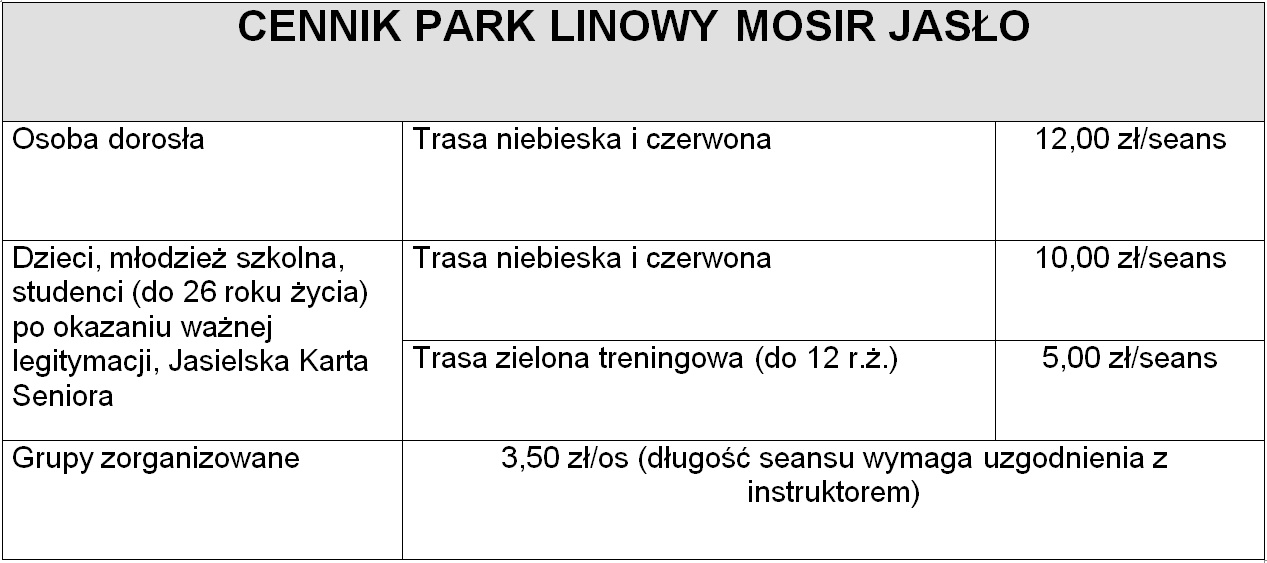 Cennik park linowy Mosir Jasło